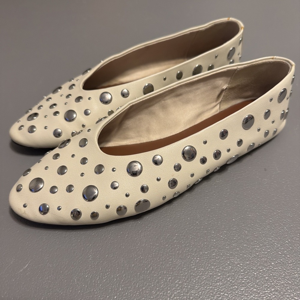 ZARA Women Ivory Leather Studded Flats Shoes Size 38 7.5US Designer City